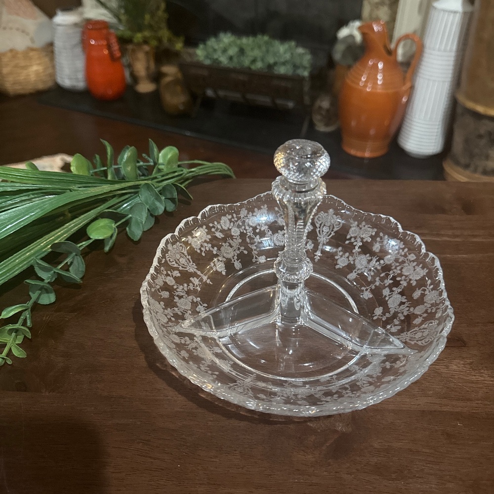 Cambridge Rose Point clear etched glass 3-part relish dish with a center handle.
